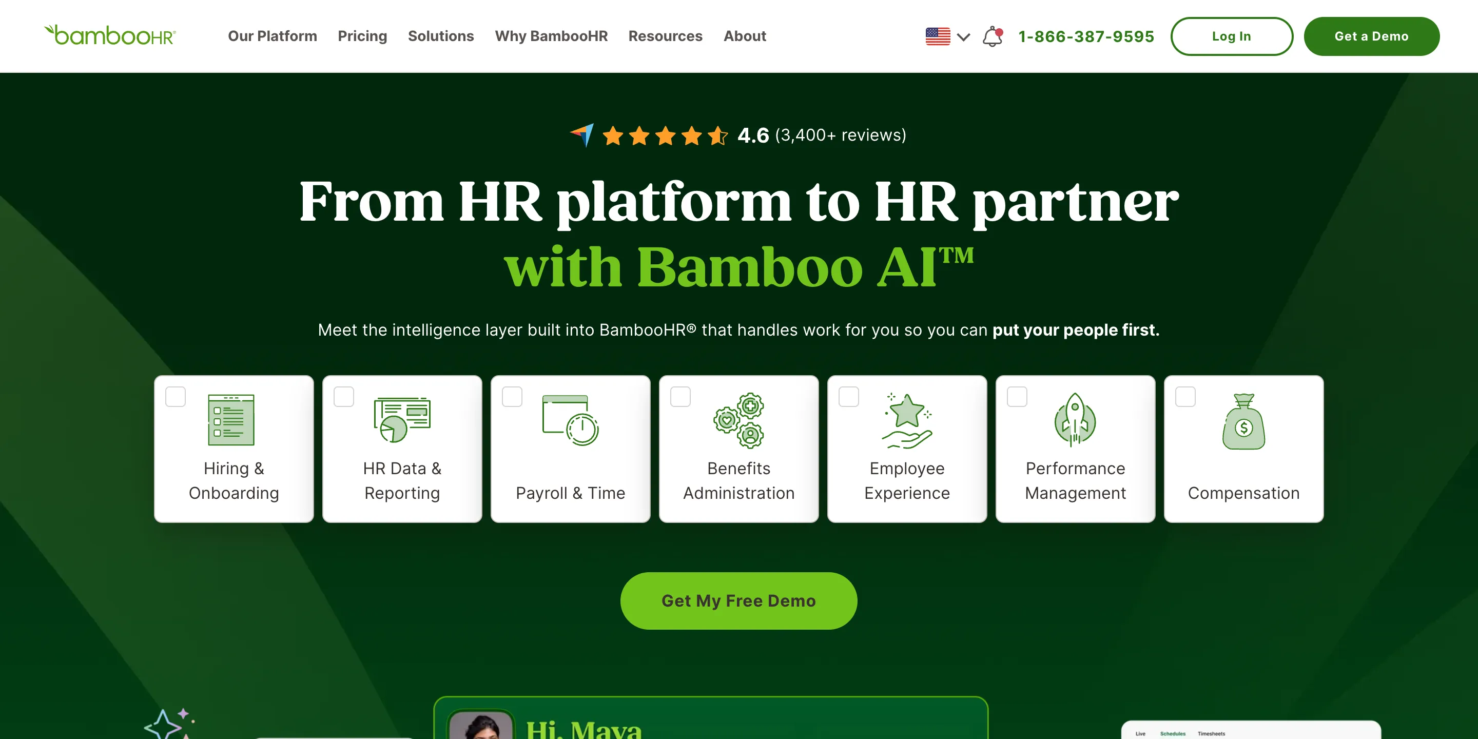 BambooHR homepage with the headline “From HR platform to HR partner with Bamboo AI” above its product modules, from hiring to compensation.