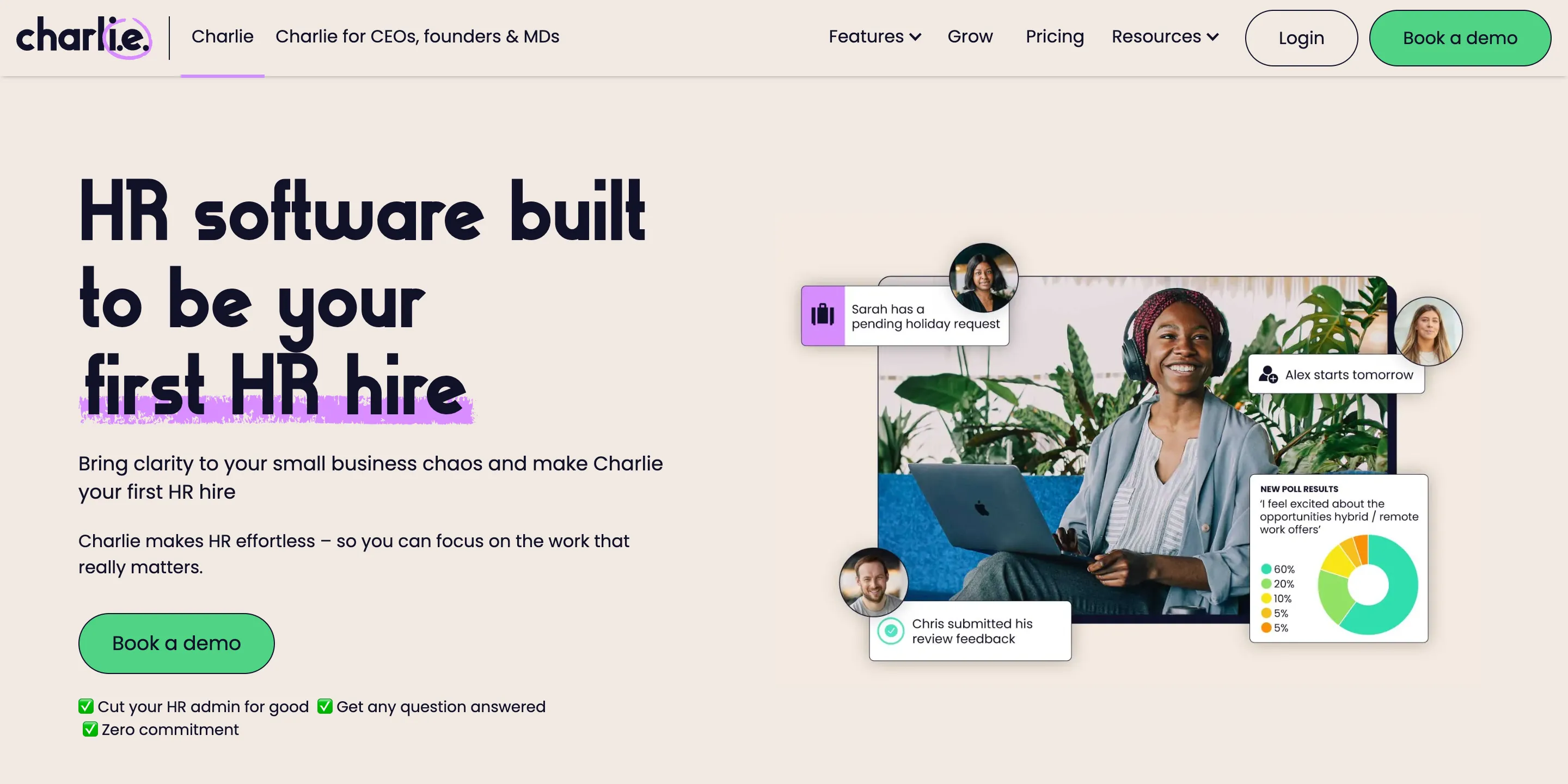 Charlie HR homepage with the headline “HR software built to be your first HR hire” beside sample holiday, onboarding and review notifications.