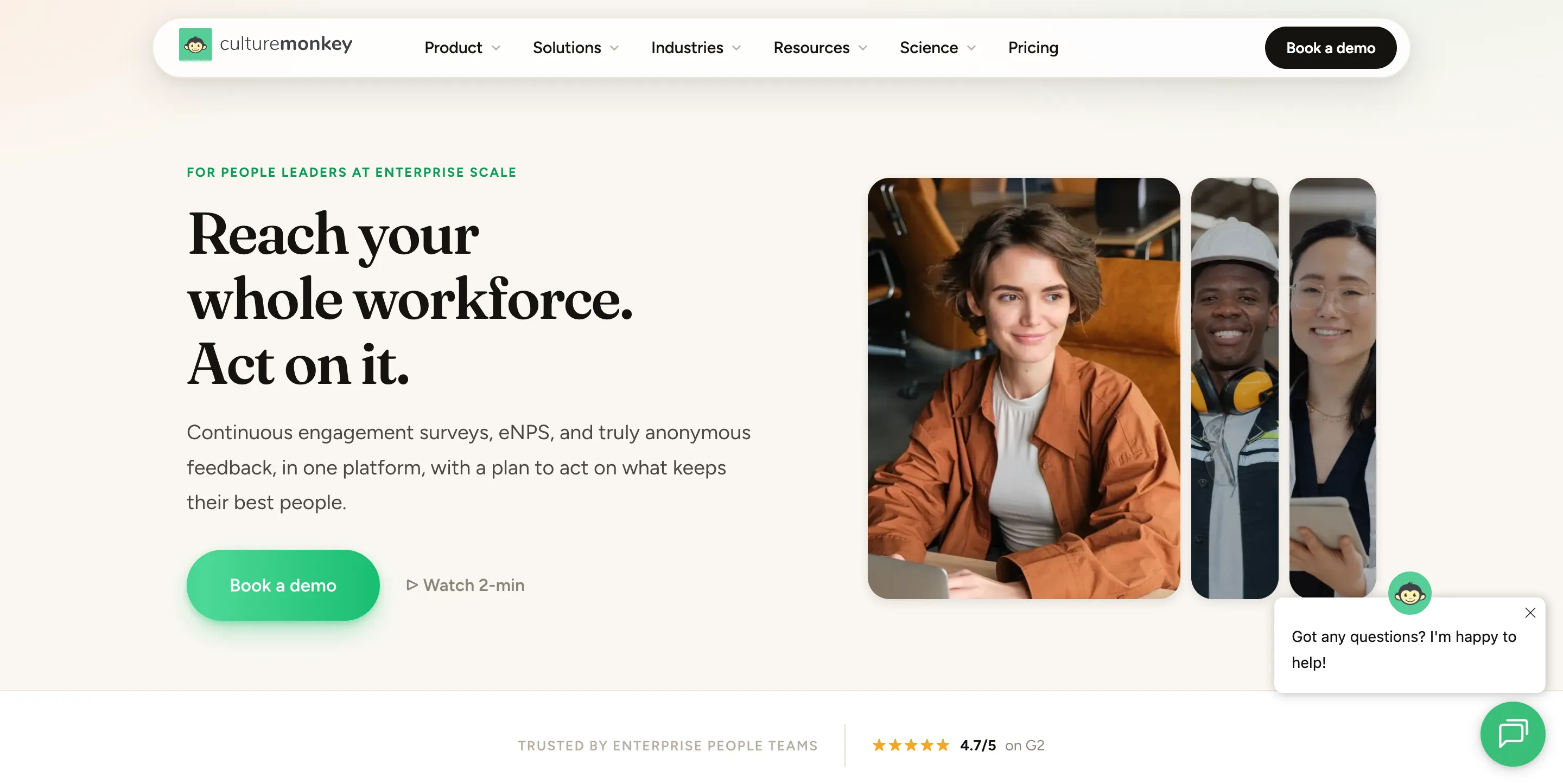 CultureMonkey is an employee engagement platform with multilingual, anonymous pulse surveys and heatmap analytics.