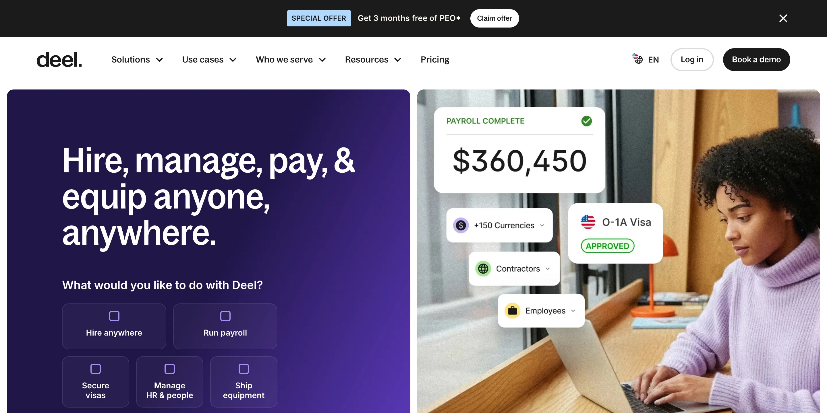 Deel homepage with the headline “Hire, manage, pay, & equip anyone, anywhere” beside payroll, currency, contractor and visa cards.