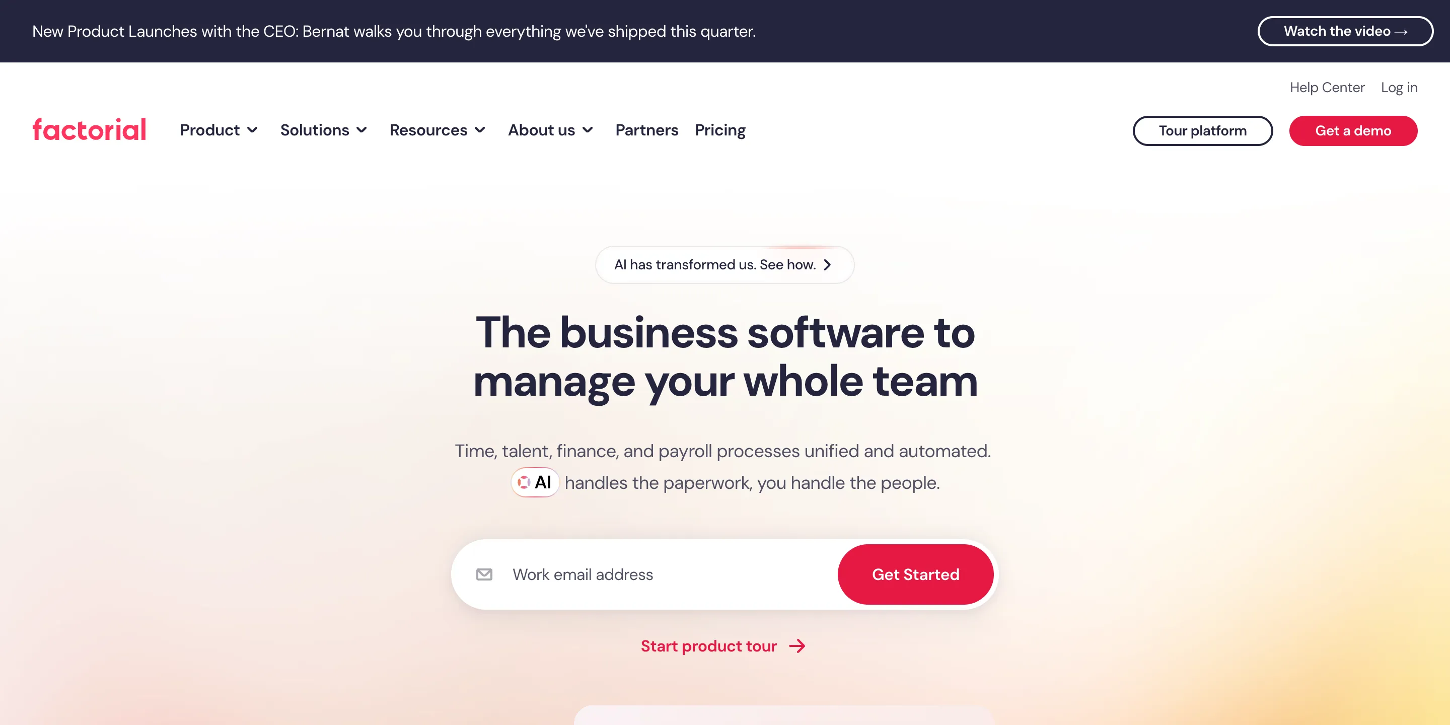 Factorial homepage with the headline “The business software to manage your whole team” and a work email signup field.