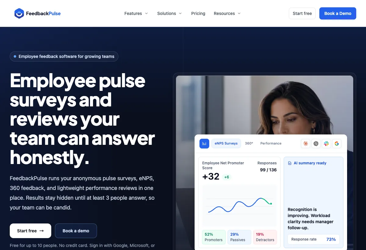 FeedbackPulse is an employee engagement platform with eNPS and pulse surveys, anonymous feedback, and 360 peer reviews for small and growing teams.