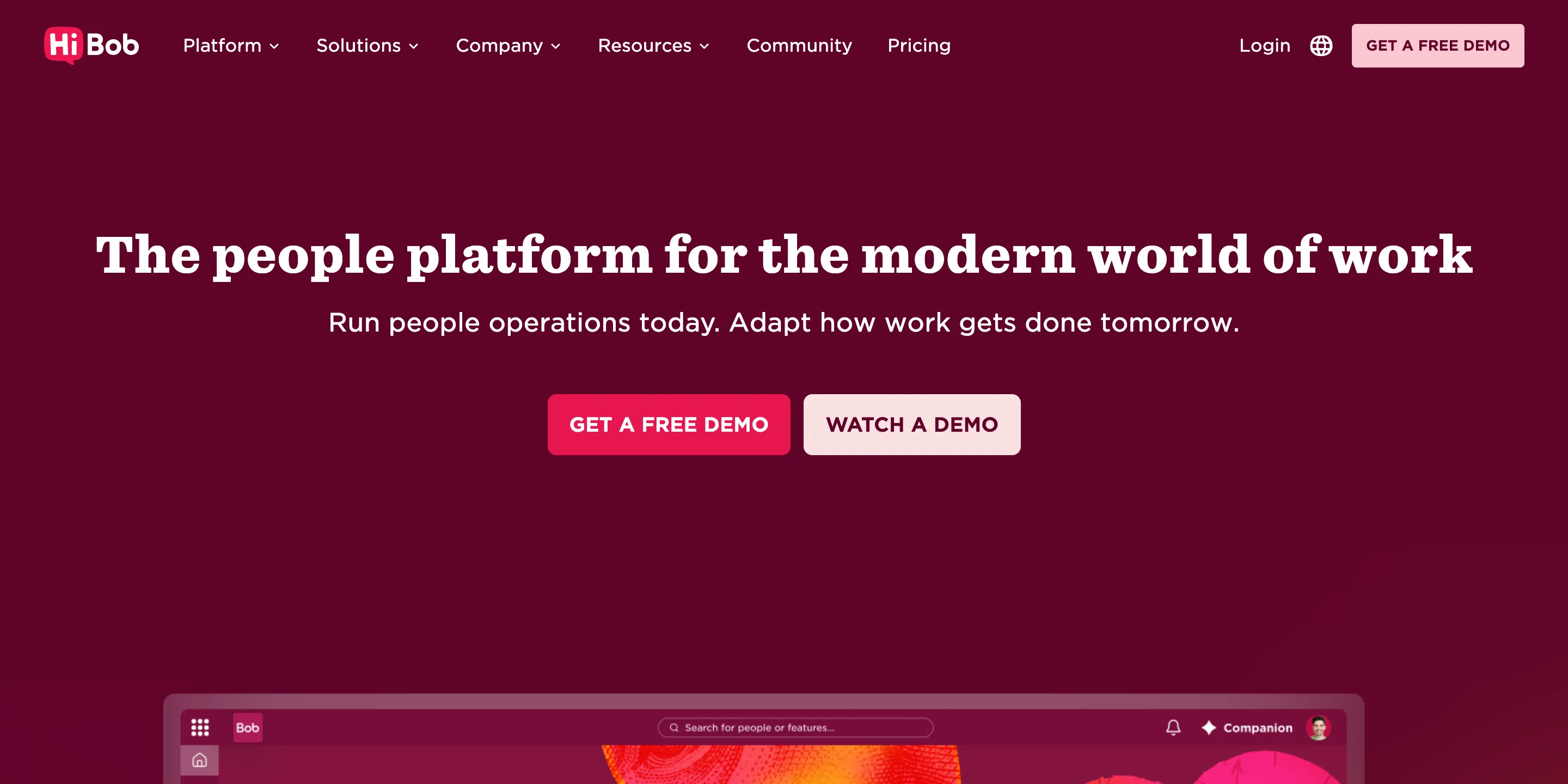 HiBob homepage with the headline “The people platform for the modern world of work” above a preview of the Bob app.