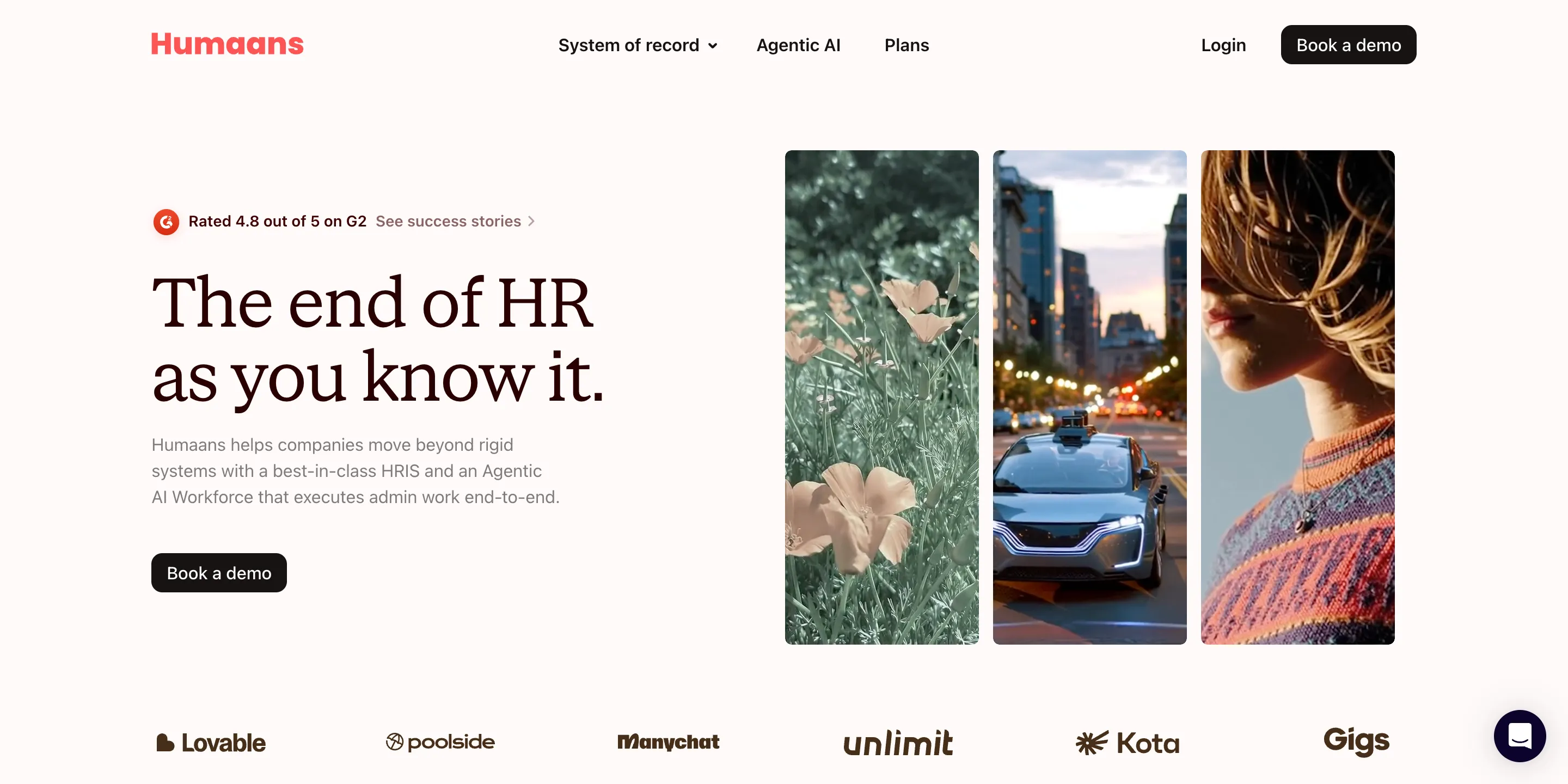 Humaans homepage with the headline “The end of HR as you know it” and a button to book a demo.