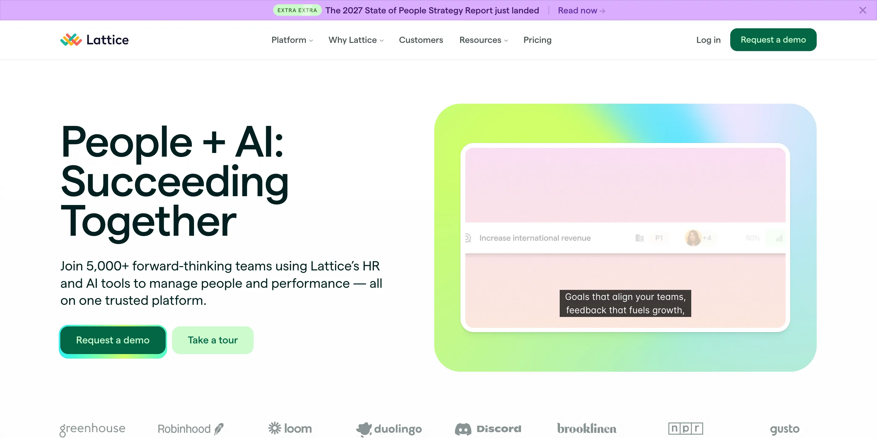 Lattice homepage with the headline “People + AI: Succeeding Together” beside a goals preview.