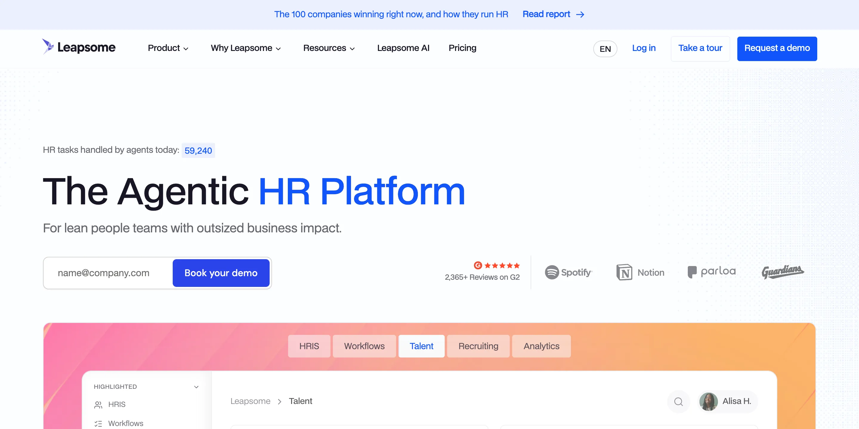 Leapsome homepage with the headline “The Agentic HR Platform” above tabs for HRIS, workflows, talent, recruiting and analytics.