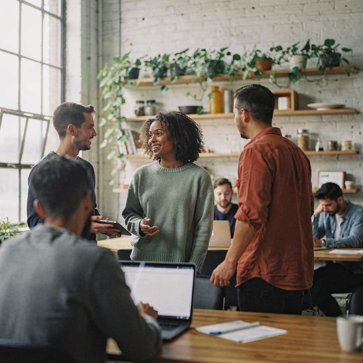 Colleagues in a brick-walled office with plant-lined shelves, three talking in a circle while others work at laptops around a long wooden table.