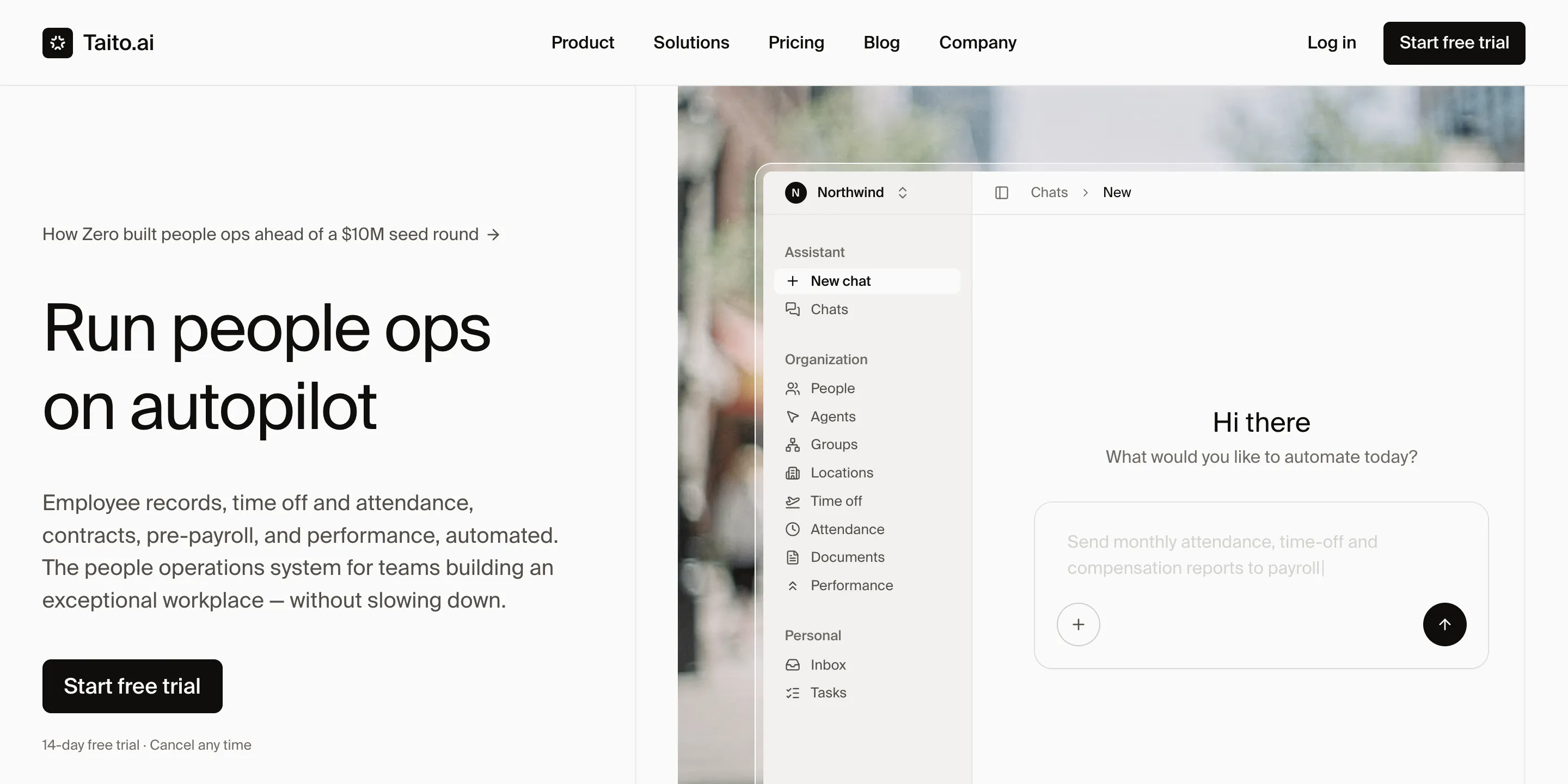 Taito.ai homepage with the headline “Run people ops on autopilot” next to the Assistant chat in the product.