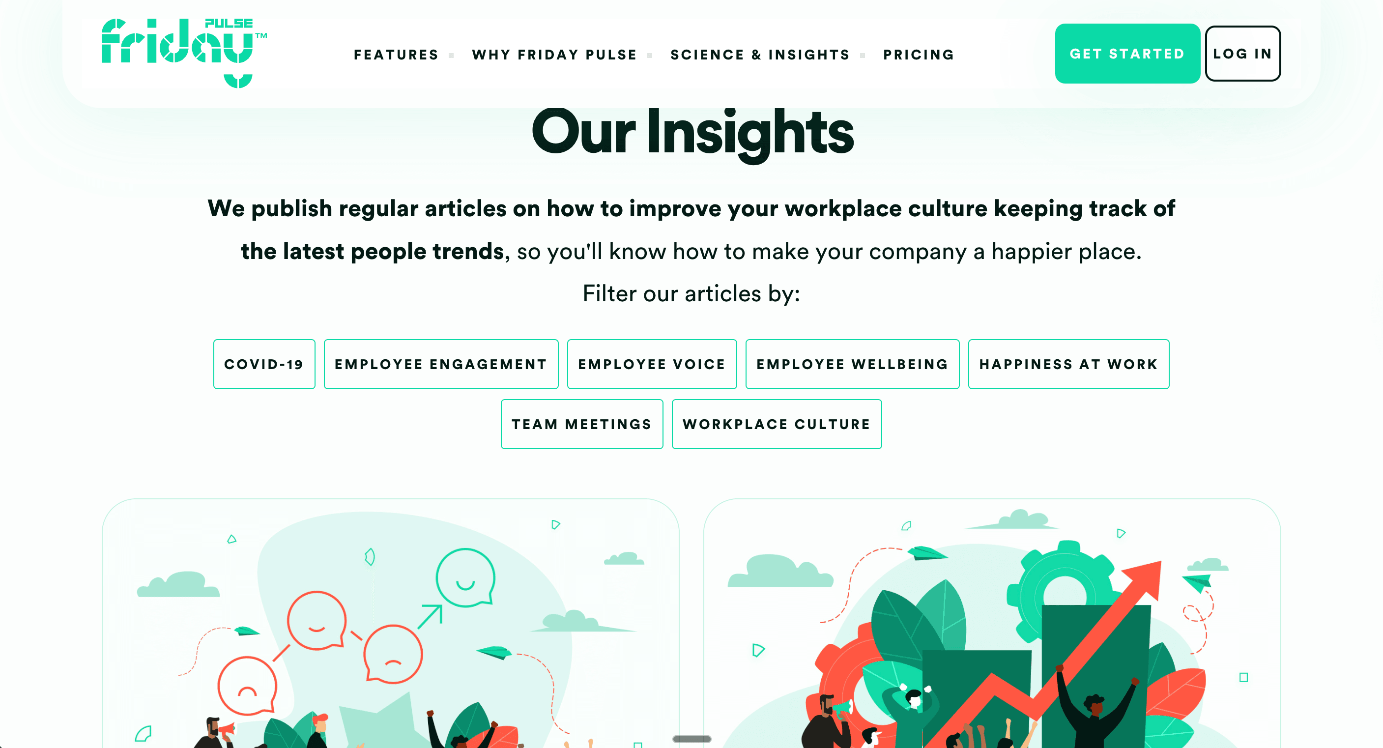 Screenshot of the Friday Pulse website showing the “Our Insights” page, featuring articles on employee engagement, wellbeing, employee voice, and workplace culture, with category filters and illustrated cards highlighting people analytics and culture insights.