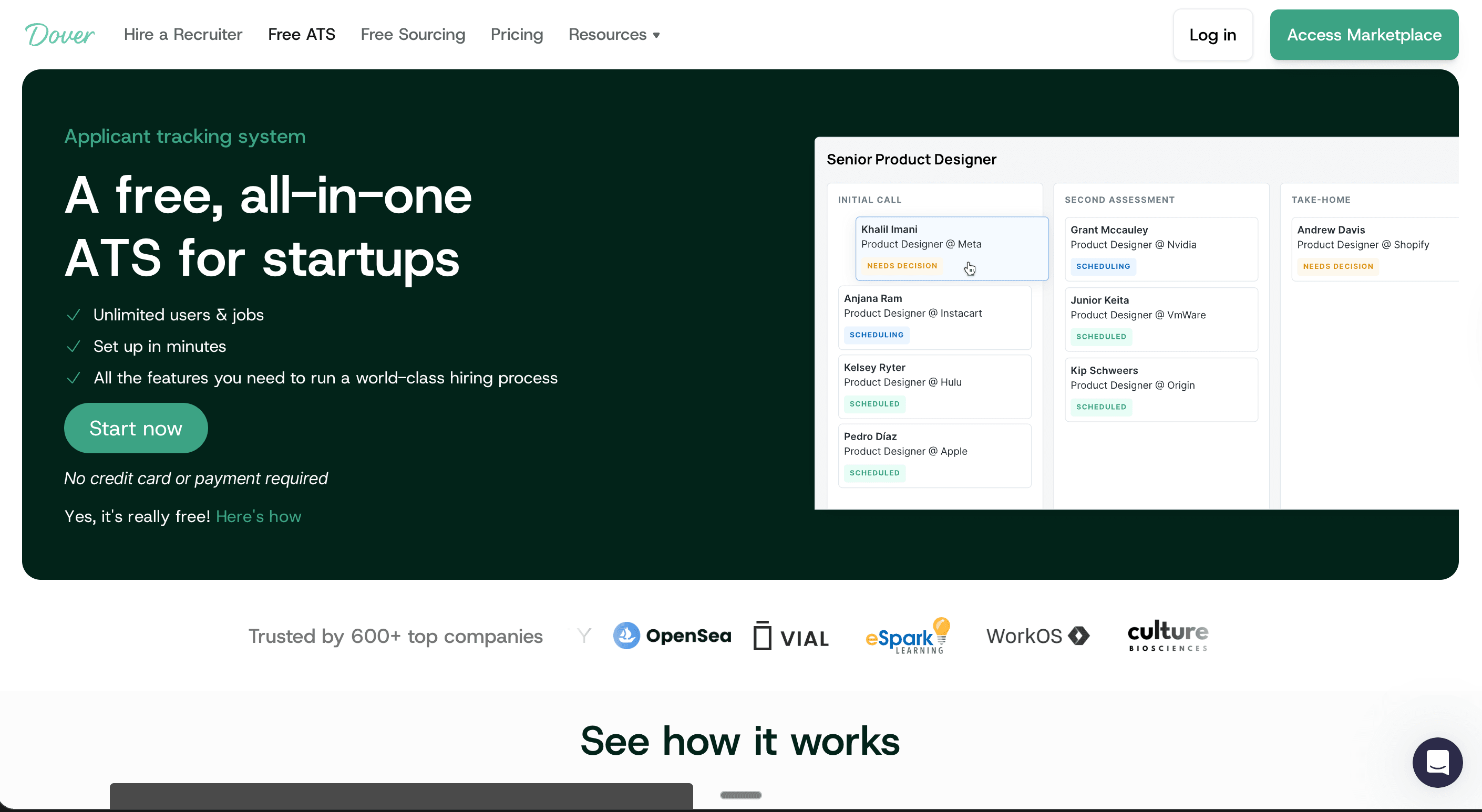 Screenshot of Dover’s website showing a free, all-in-one applicant tracking system for startups, highlighting unlimited users and jobs, quick setup, and a sample hiring pipeline for a Senior Product Designer with candidates moving through interview stages.