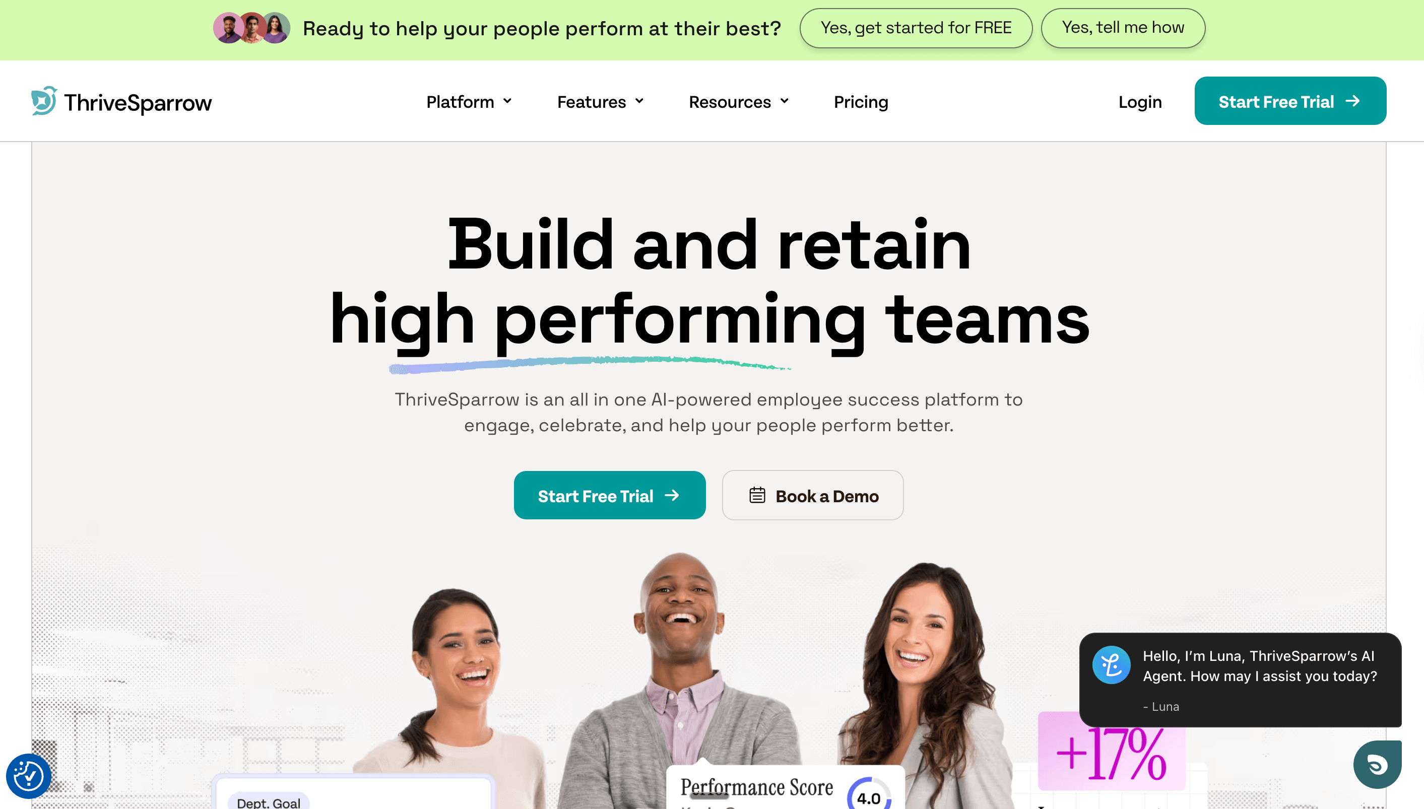 Homepage hero for ThriveSparrow with the headline “Build and retain high performing teams.” Supporting text describes an all-in-one AI-powered employee success platform designed to engage, celebrate, and improve performance. The page includes “Start Free Trial” and “Book a Demo” buttons, a photo of smiling team members, performance metrics overlays, and an AI chat assistant prompt.