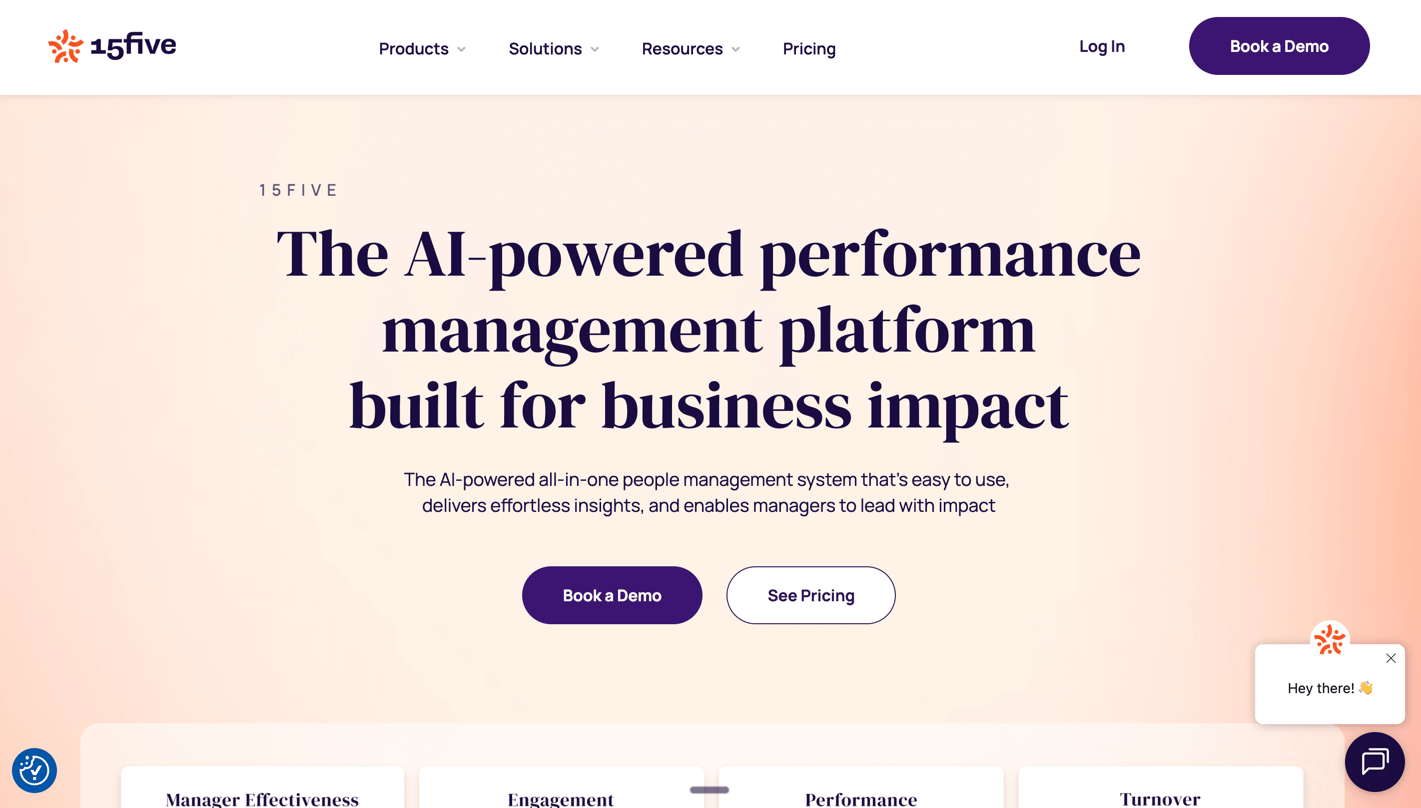 Homepage hero for 15Five featuring the headline “The AI-powered performance management platform built for business impact.” Supporting text describes an all-in-one people management system that delivers insights and helps managers lead effectively. The page shows a “Book a Demo” and “See Pricing” button on a soft gradient background with top navigation links.