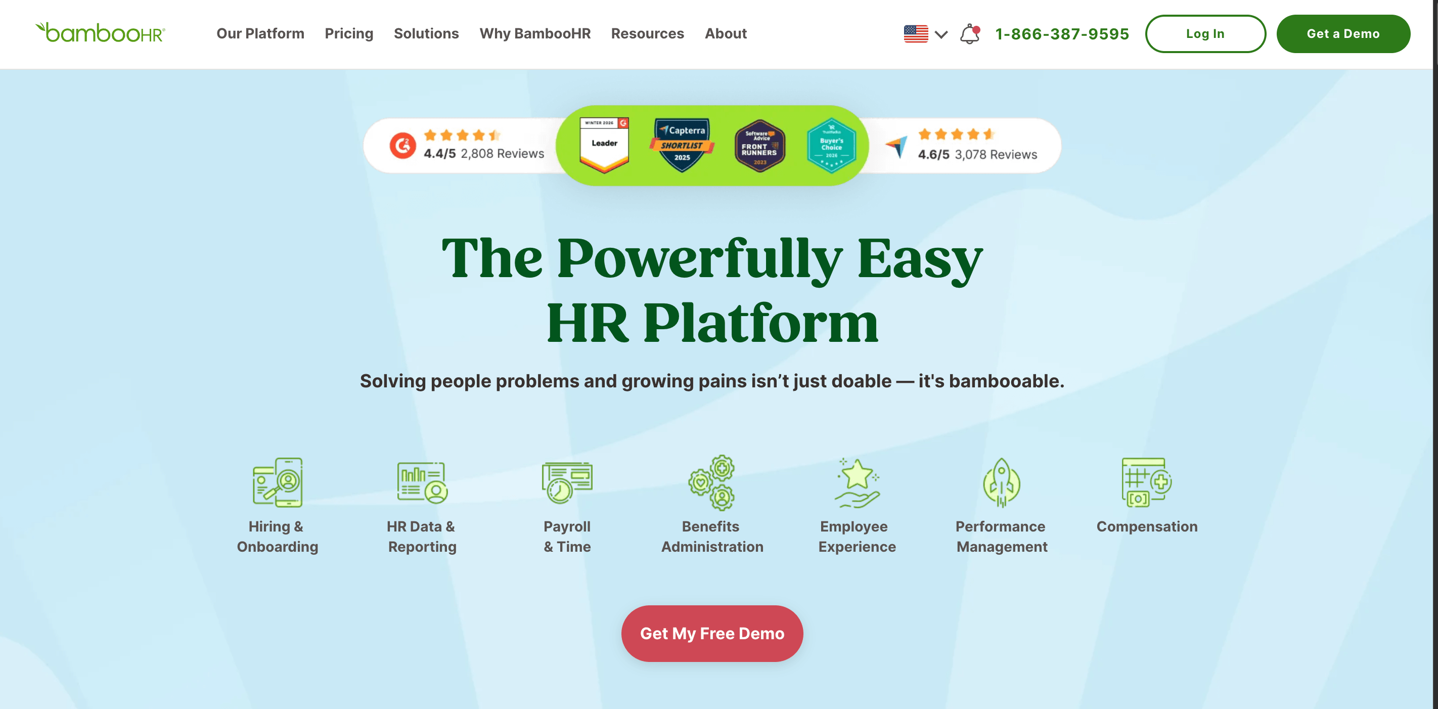 Homepage hero for BambooHR with the headline “The Powerfully Easy HR Platform.” Supporting text highlights solving people challenges and scaling growth. The page displays review badges and ratings, feature icons for hiring, HR data, payroll, benefits, employee experience, performance management, and compensation, plus a “Get My Free Demo” button.