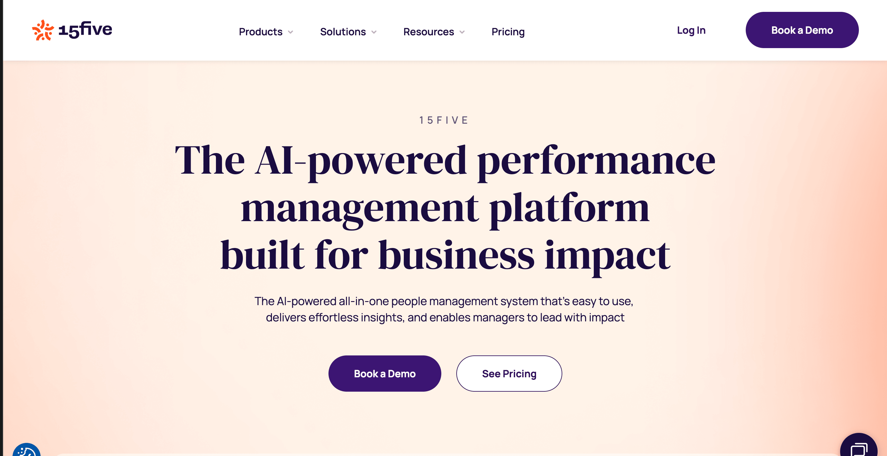15Five homepage hero with headline ‘The AI-powered performance management platform built for business impact’ and call-to-action buttons to book a demo or view pricing.