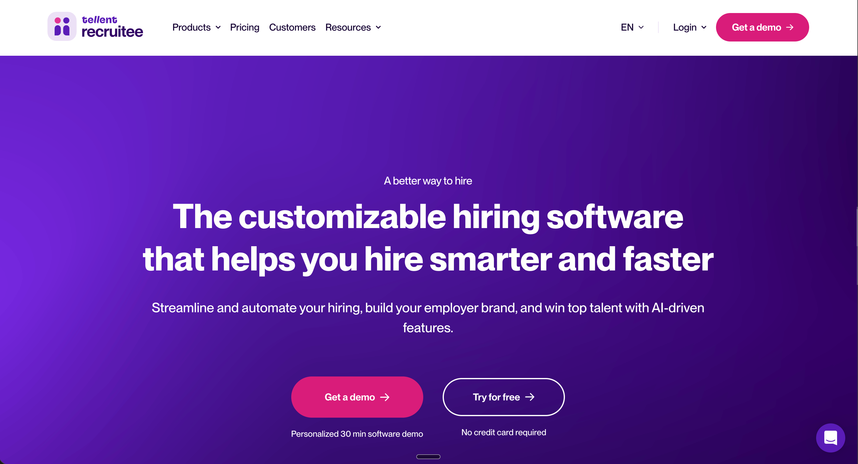 Screenshot of Recruitee’s website homepage showing a purple gradient hero section with the headline “The customizable hiring software that helps you hire smarter and faster,” highlighting AI-driven hiring features and calls to action to get a demo or try for free.