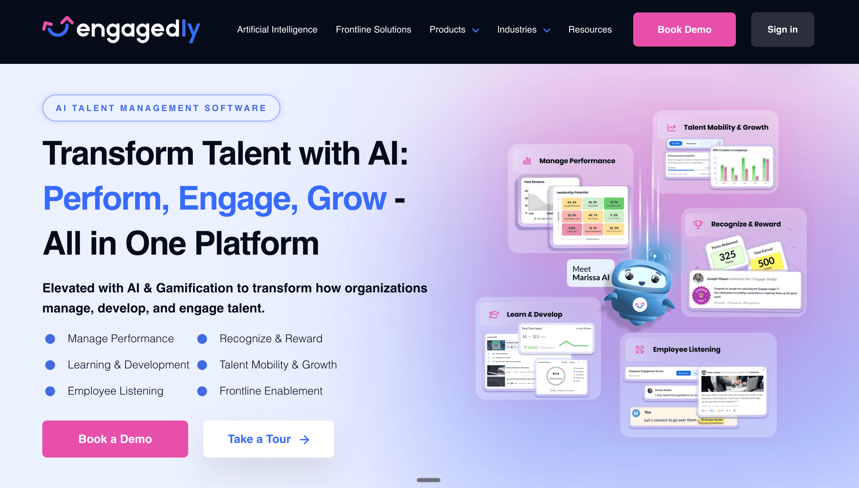 Homepage hero for Engagedly featuring the headline “Transform Talent with AI: Perform, Engage, Grow – All in One Platform.” Supporting text explains an AI- and gamification-powered talent management platform for performance, recognition, learning, mobility, and employee listening. The page shows product feature cards, a friendly AI assistant character, and “Book a Demo” and “Take a Tour” buttons.
