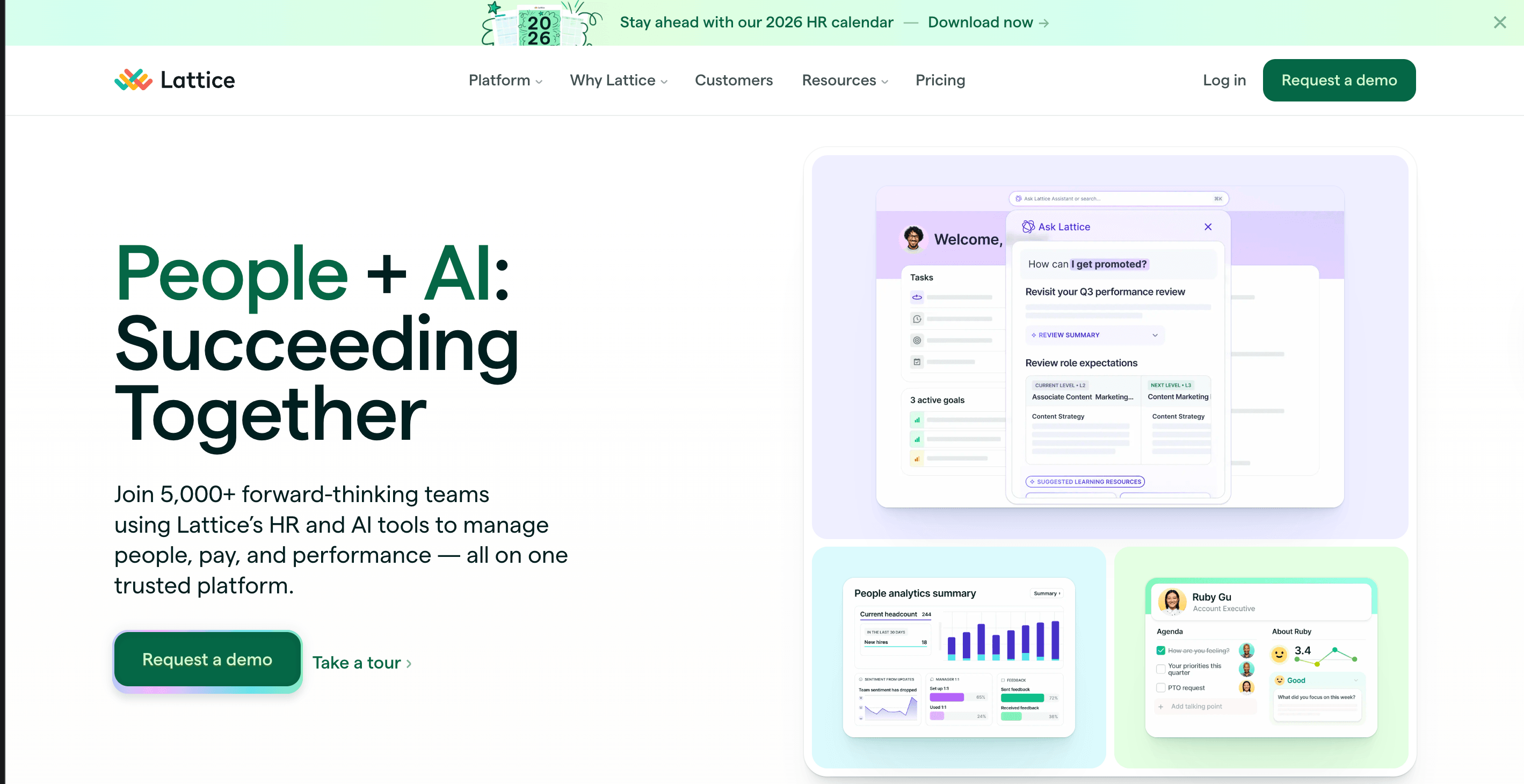 “Lattice homepage hero with headline ‘People + AI: Succeeding Together,’ featuring performance analytics dashboards and employee feedback cards.”