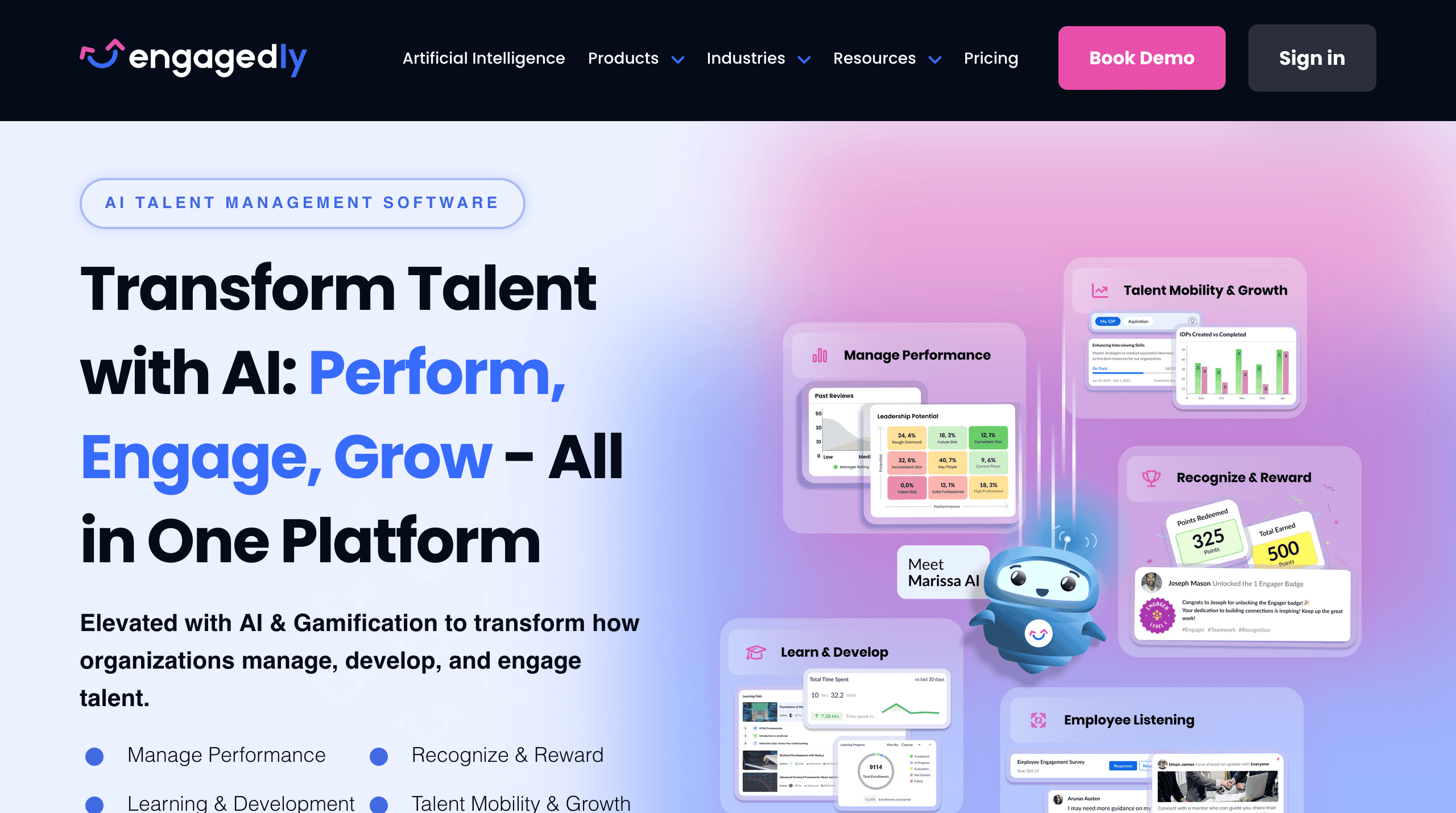 Engagedly is an employee engagement and performance suite combining recognition, learning, and continuous feedback